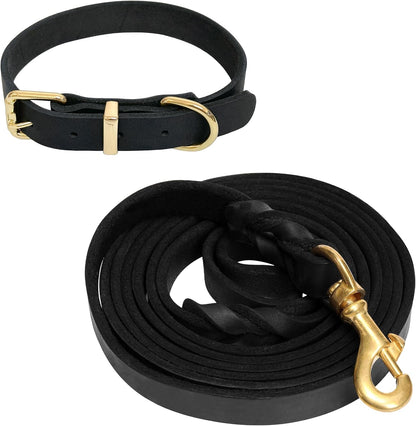 5ft Leather Dog Leash and Collar Set, Soft Braided Leather Dog Leash 5ft with Adjustable Dog Collar, Heavy Duty Leather Dog Collar and Leash Set Combo for Small Medium Large Dogs