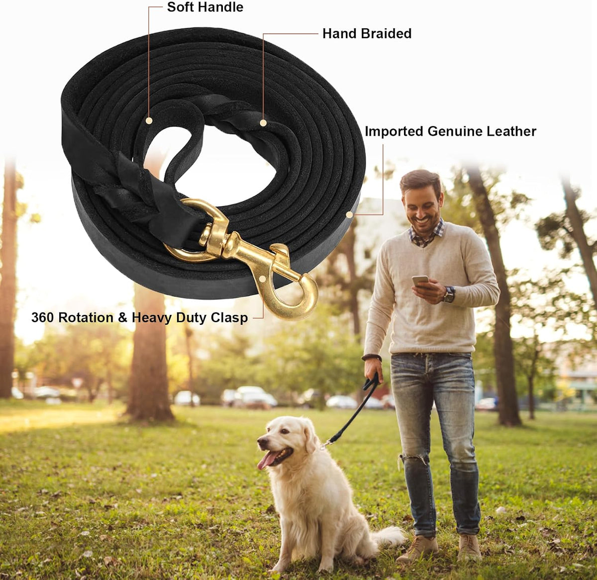5ft Leather Dog Leash and Collar Set, Soft Braided Leather Dog Leash 5ft with Adjustable Dog Collar, Heavy Duty Leather Dog Collar and Leash Set Combo for Small Medium Large Dogs