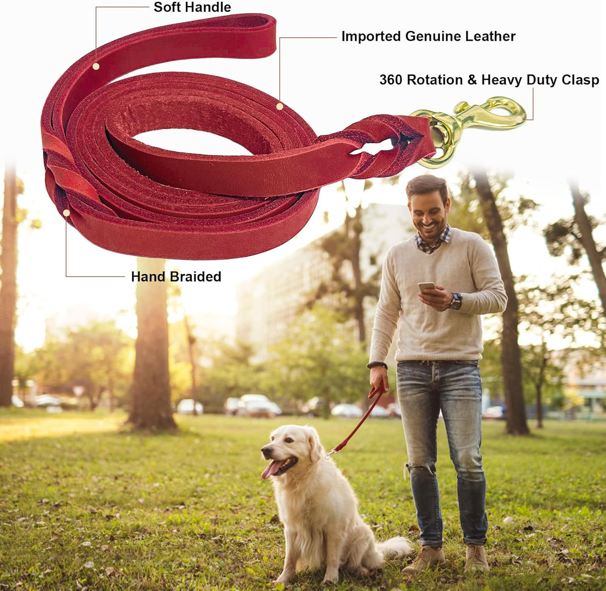 5ft Leather Dog Leash and Collar Set, Soft Braided Leather Dog Leash 5ft with Adjustable Dog Collar, Heavy Duty Leather Dog Collar and Leash Set Combo for Small Medium Large Dogs