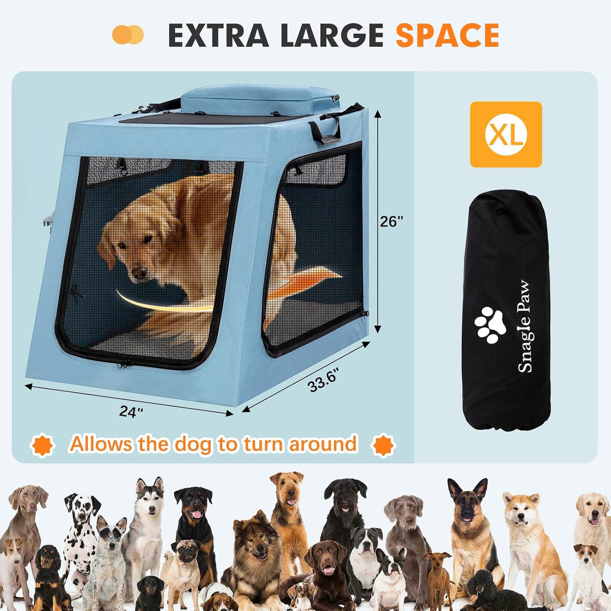 Portable Dog Crate for Car Travel, Collapsible Large Dog Travel Crate with Metal Frame & 3-Door Mesh Windows, Secures in Trunk/Backseat, Soft-Sided Kennel Carrier for Medium Large Dogs-XL