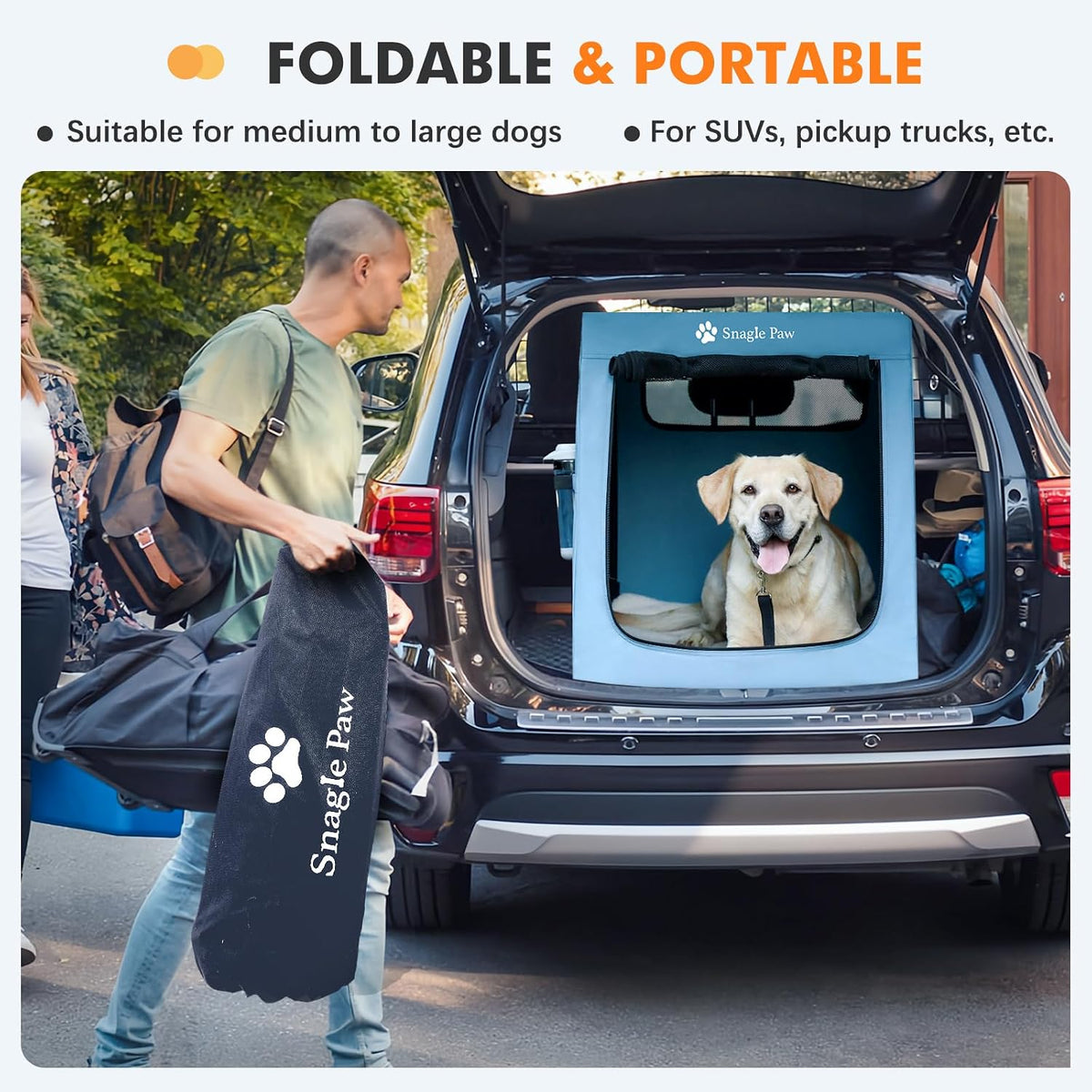 Portable Dog Crate for Car Travel, Collapsible Large Dog Travel Crate with Metal Frame & 3-Door Mesh Windows, Secures in Trunk/Backseat, Soft-Sided Kennel Carrier for Medium Large Dogs-XL