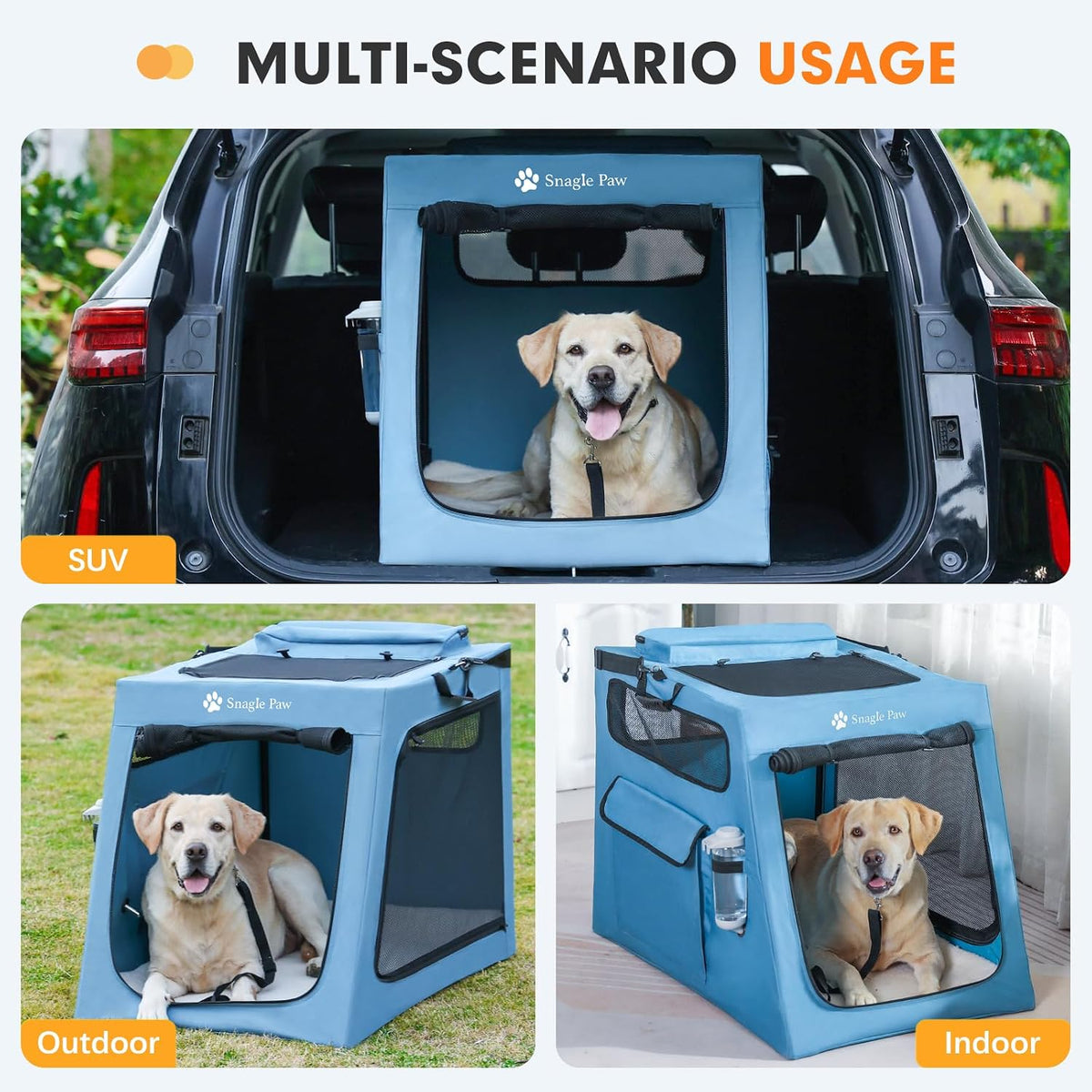 Portable Dog Crate for Car Travel, Collapsible Large Dog Travel Crate with Metal Frame & 3-Door Mesh Windows, Secures in Trunk/Backseat, Soft-Sided Kennel Carrier for Medium Large Dogs-XL