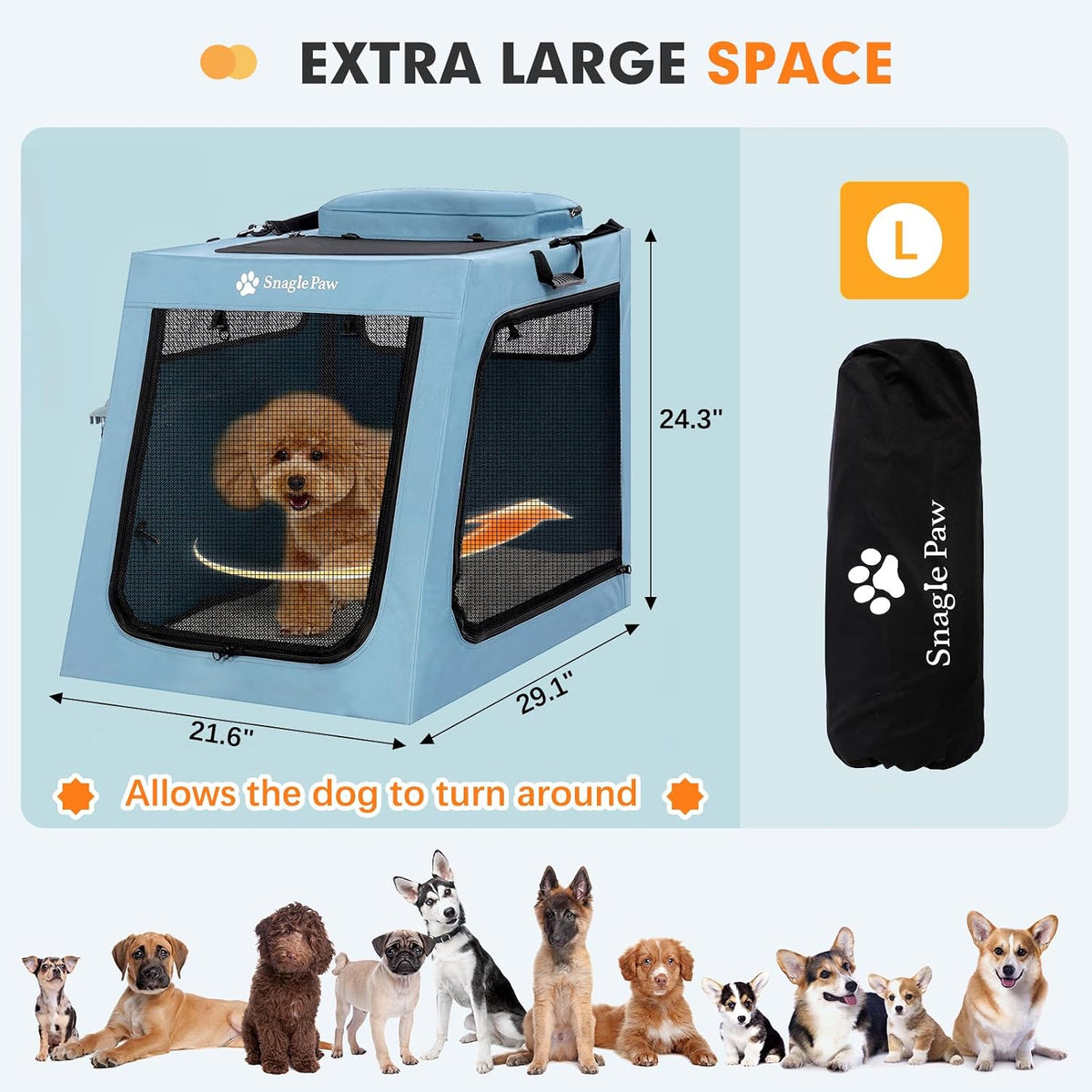 Portable Dog Crate for Car Travel, Collapsible Large Dog Travel Crate with Metal Frame & 3-Door Mesh Windows, Secures in Trunk/Backseat, Soft-Sided Kennel Carrier for Medium Large Dogs-XL