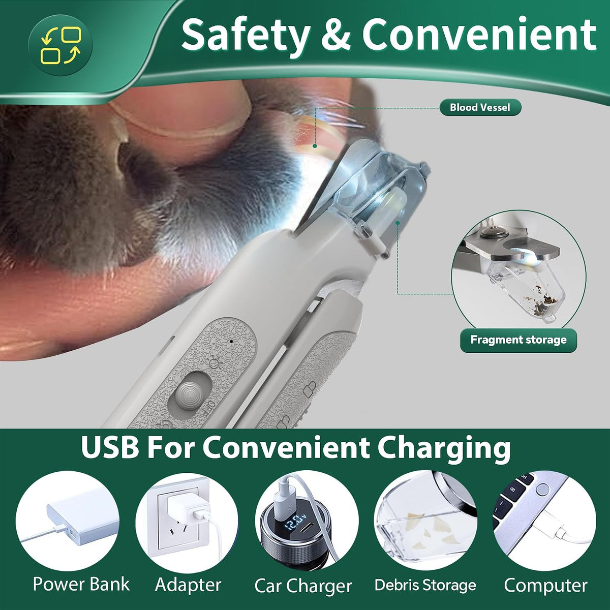 2-in-1 Cat & Dog Nail Clippers with Grinder and Dual LED Lights