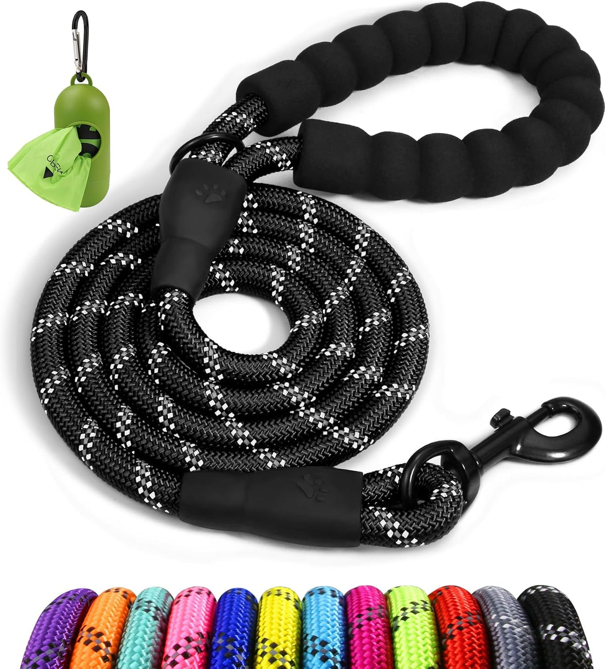 Rope Dog Leash for Medium Large Dogs, 6 FT Padded Handle, Black