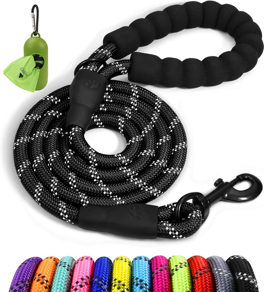 Rope Dog Leash for Medium Large Dogs, 6 FT Padded Handle, Black