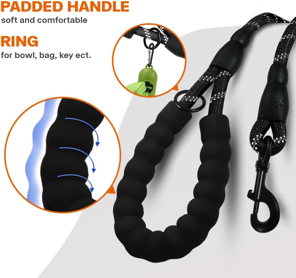 Rope Dog Leash for Medium Large Dogs, 6 FT Padded Handle, Black