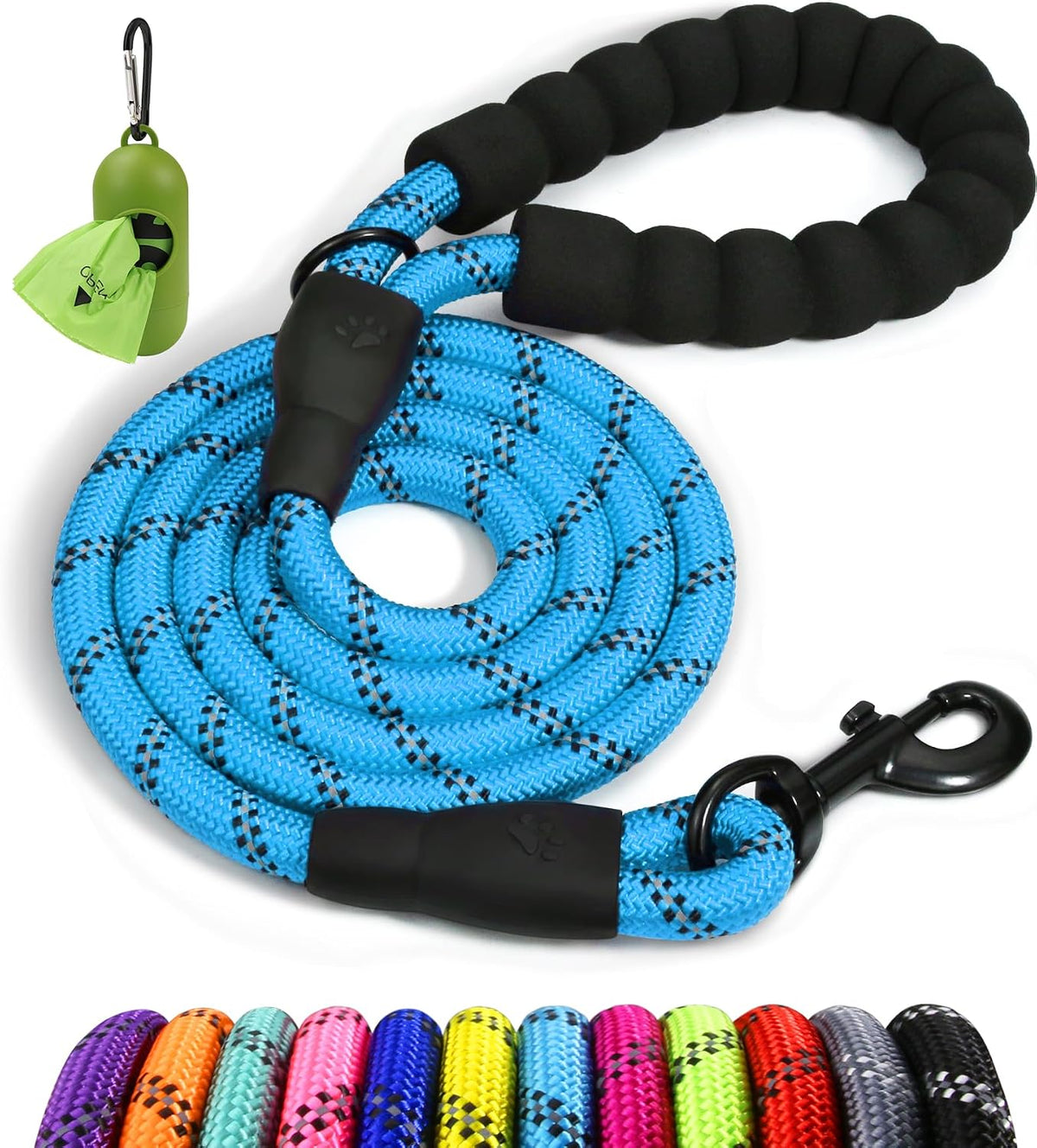 Rope Dog Leash for Medium Large Dogs, 6 FT Padded Handle, Black