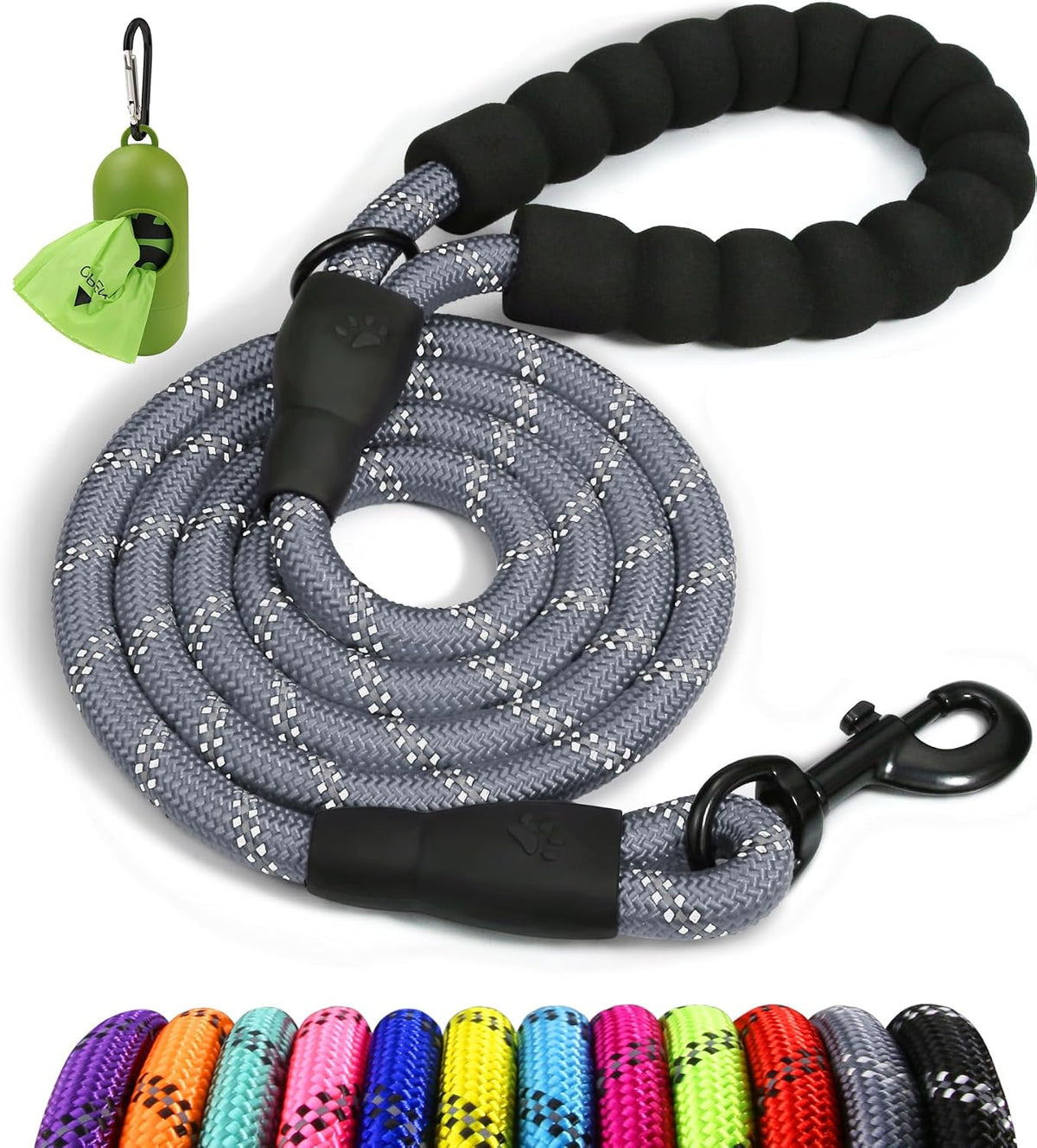 Rope Dog Leash for Medium Large Dogs, 6 FT Padded Handle, Black