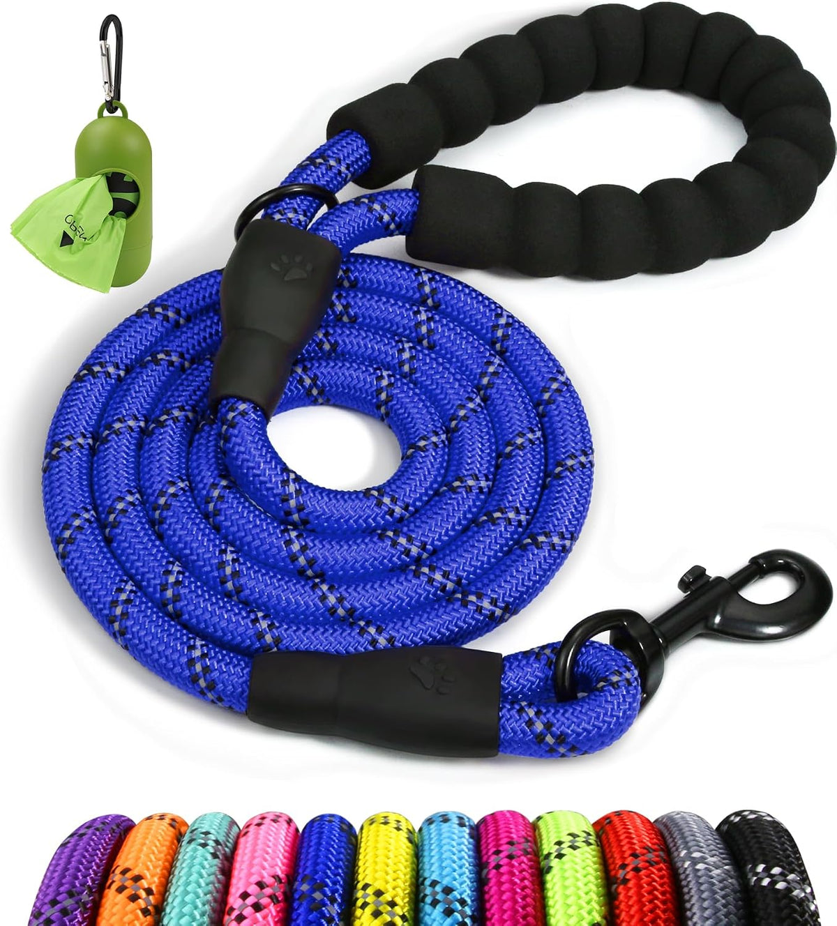 Rope Dog Leash for Medium Large Dogs, 6 FT Padded Handle, Black