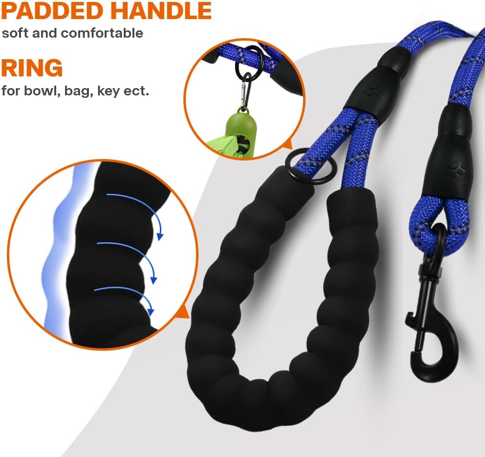 Rope Dog Leash for Medium Large Dogs, 6 FT Padded Handle, Black