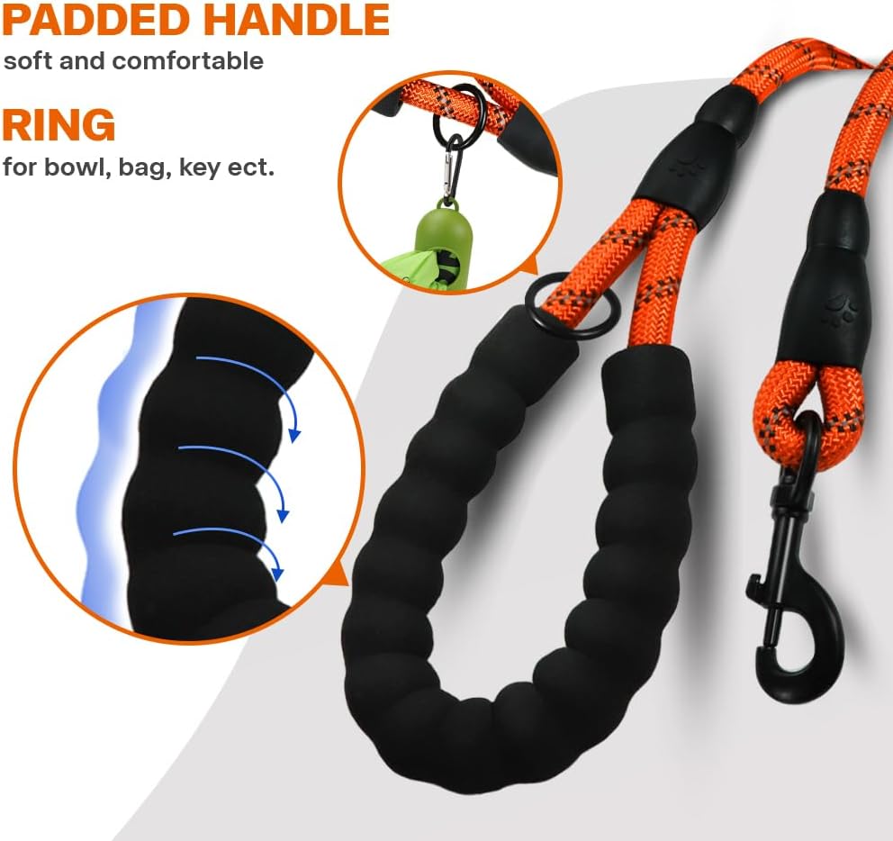 Rope Dog Leash for Medium Large Dogs, 6 FT Padded Handle, Black
