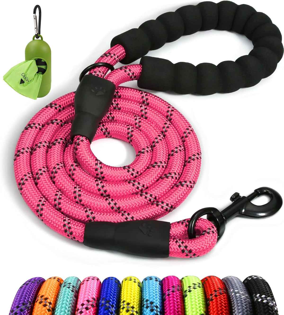 Rope Dog Leash for Medium Large Dogs, 6 FT Padded Handle, Black