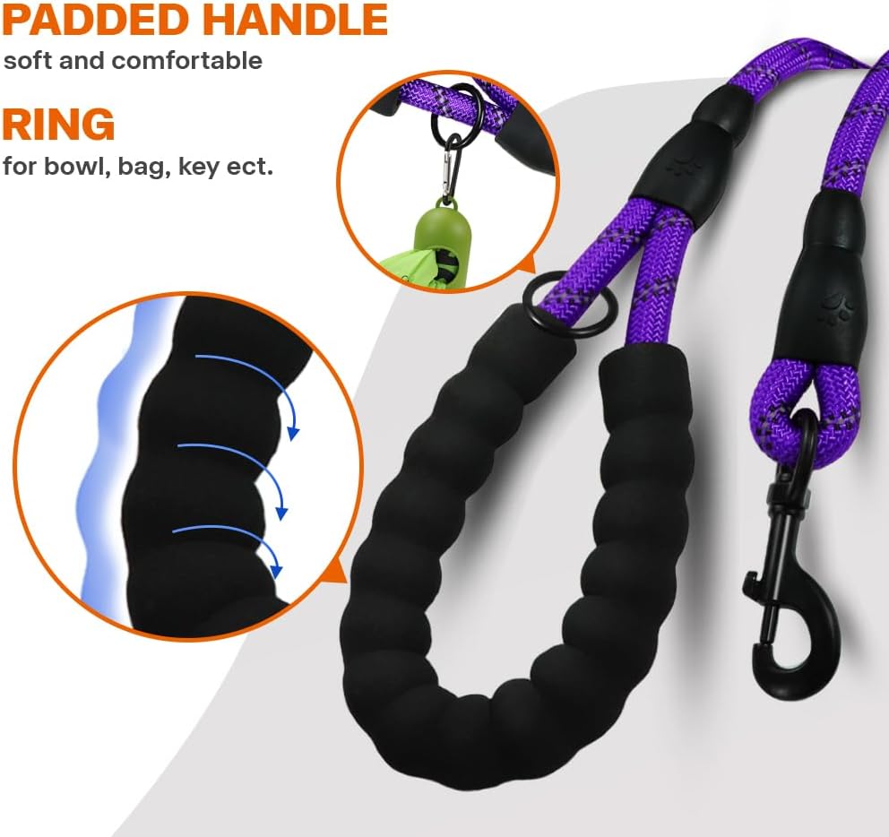 Rope Dog Leash for Medium Large Dogs, 6 FT Padded Handle, Black