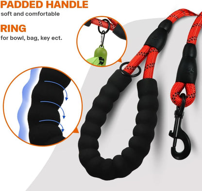 Rope Dog Leash for Medium Large Dogs, 6 FT Padded Handle, Black