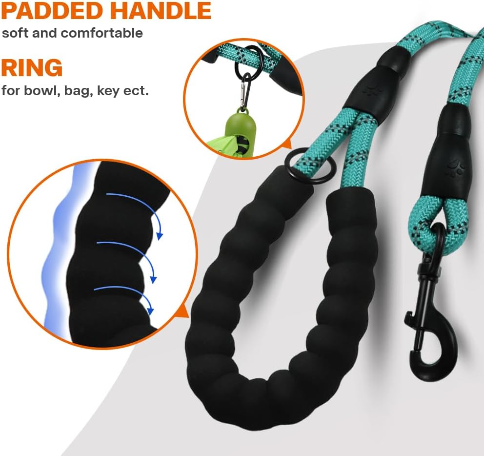 Rope Dog Leash for Medium Large Dogs, 6 FT Padded Handle, Black