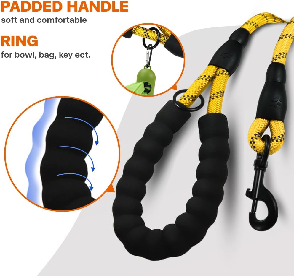 Rope Dog Leash for Medium Large Dogs, 6 FT Padded Handle, Black
