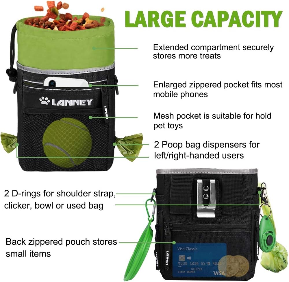 Dog Treat Pouch - 3 Ways to Wear Dog Treat Bag, Dog Training Treat Pouches for Pet Training with Clicker, Shoulder Strap, Adjustable Belt, Poop Bag Dispenser, Easily Carrying Kibble Snacks Pet Toys