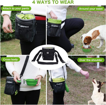 Dog Treat Pouch - 3 Ways to Wear Dog Treat Bag, Dog Training Treat Pouches for Pet Training with Clicker, Shoulder Strap, Adjustable Belt, Poop Bag Dispenser, Easily Carrying Kibble Snacks Pet Toys