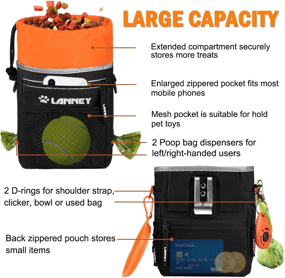 Dog Treat Pouch - 3 Ways to Wear Dog Treat Bag, Dog Training Treat Pouches for Pet Training with Clicker, Shoulder Strap, Adjustable Belt, Poop Bag Dispenser, Easily Carrying Kibble Snacks Pet Toys