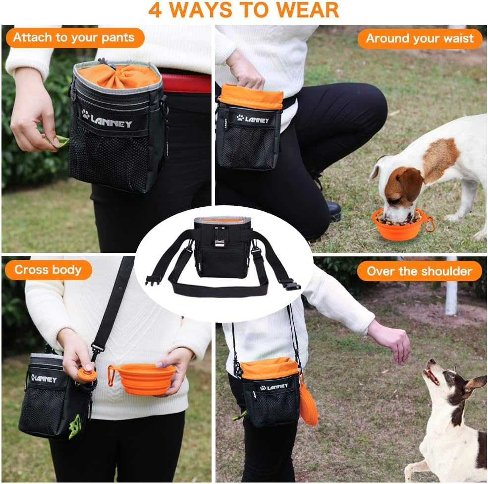 Dog Treat Pouch - 3 Ways to Wear Dog Treat Bag, Dog Training Treat Pouches for Pet Training with Clicker, Shoulder Strap, Adjustable Belt, Poop Bag Dispenser, Easily Carrying Kibble Snacks Pet Toys