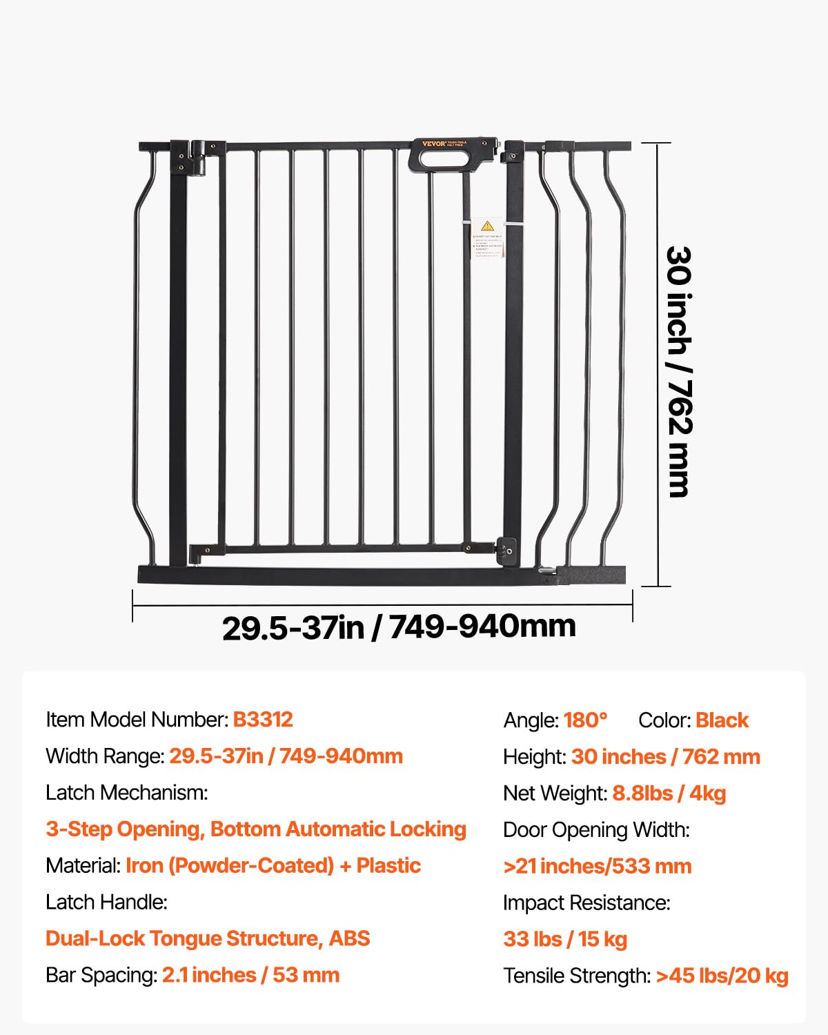 29.5-51" Extra Wide Safety Gate for Stairs, Auto Close Dog Gate for The House, Easy Install Pressure Mounted Pet Gates for Doorways, Easy Walk Thru Wide Safety Gate for Dog, Black