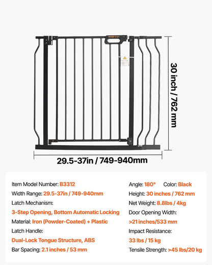 29.5-51" Extra Wide Safety Gate for Stairs, Auto Close Dog Gate for The House, Easy Install Pressure Mounted Pet Gates for Doorways, Easy Walk Thru Wide Safety Gate for Dog, Black
