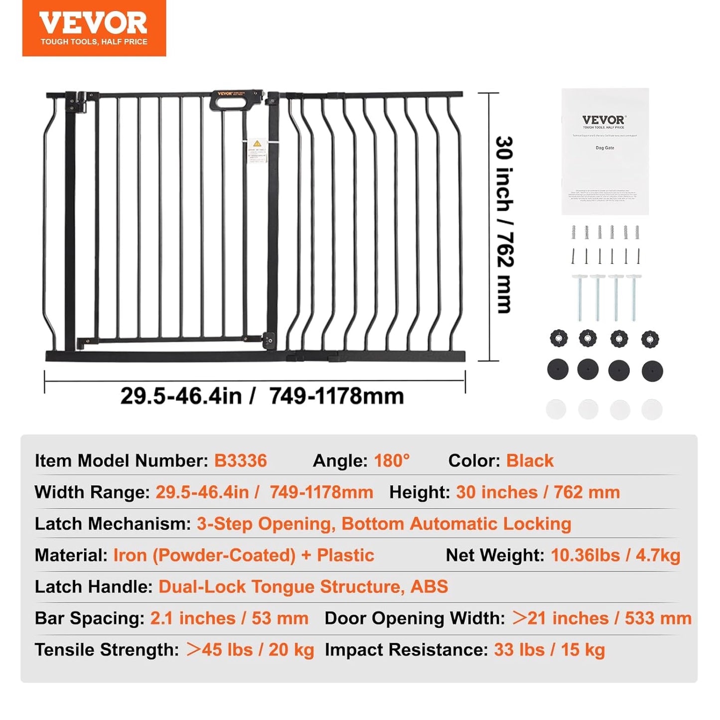 29.5-51" Extra Wide Safety Gate for Stairs, Auto Close Dog Gate for The House, Easy Install Pressure Mounted Pet Gates for Doorways, Easy Walk Thru Wide Safety Gate for Dog, Black