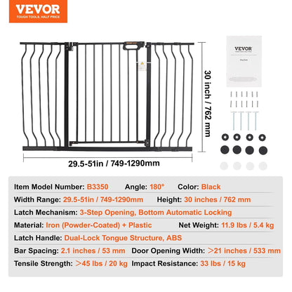 29.5-51" Extra Wide Safety Gate for Stairs, Auto Close Dog Gate for The House, Easy Install Pressure Mounted Pet Gates for Doorways, Easy Walk Thru Wide Safety Gate for Dog, Black