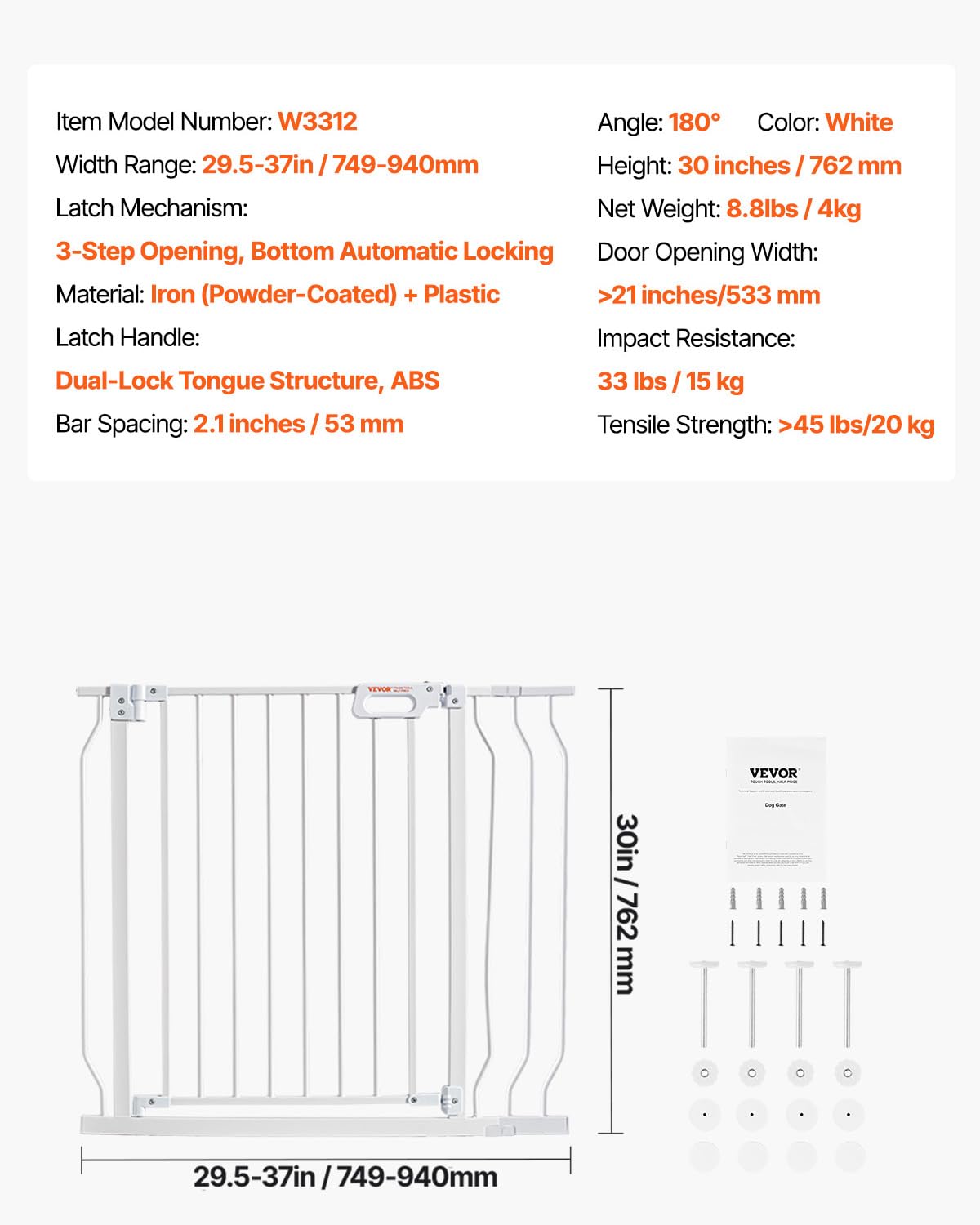 29.5-51" Extra Wide Safety Gate for Stairs, Auto Close Dog Gate for The House, Easy Install Pressure Mounted Pet Gates for Doorways, Easy Walk Thru Wide Safety Gate for Dog, Black