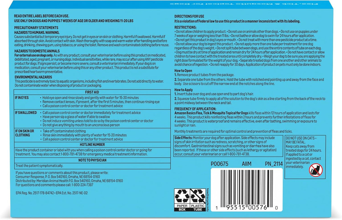 Flea, Tick & Mosquito Topical Treatment & Prevention for Medium Dogs (11-20 pounds), Fast-Acting, Kills Fleas, Eggs & Larvae, 30 Day Protection, Packaging May Vary