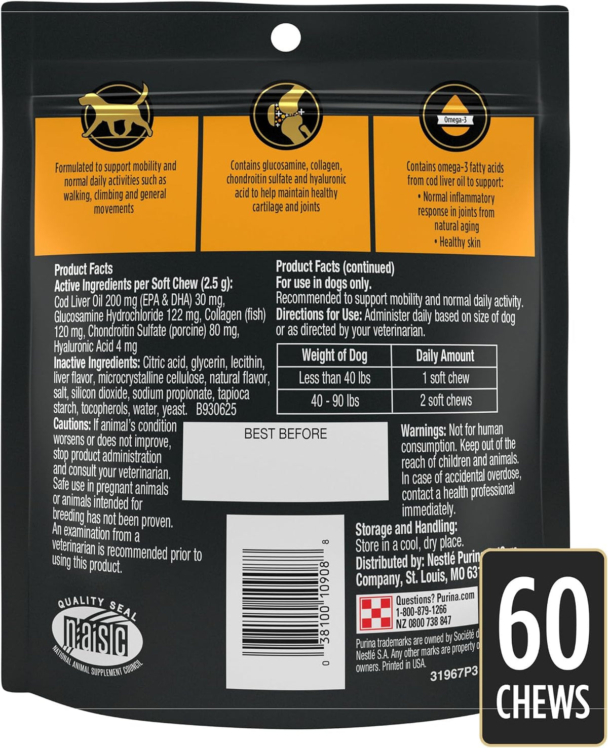 Purina Pro Plan Veterinary Small Breed Dog Joint Care Supplement with Glucosamine, Chondroitin, and Collagen to Support Hip and Joint Health – 60ct Pouch