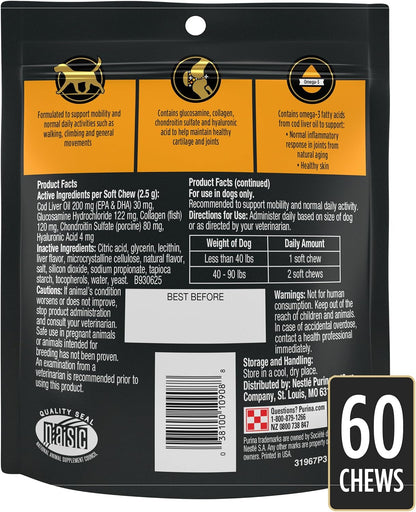 Purina Pro Plan Veterinary Small Breed Dog Joint Care Supplement with Glucosamine, Chondroitin, and Collagen to Support Hip and Joint Health – 60ct Pouch