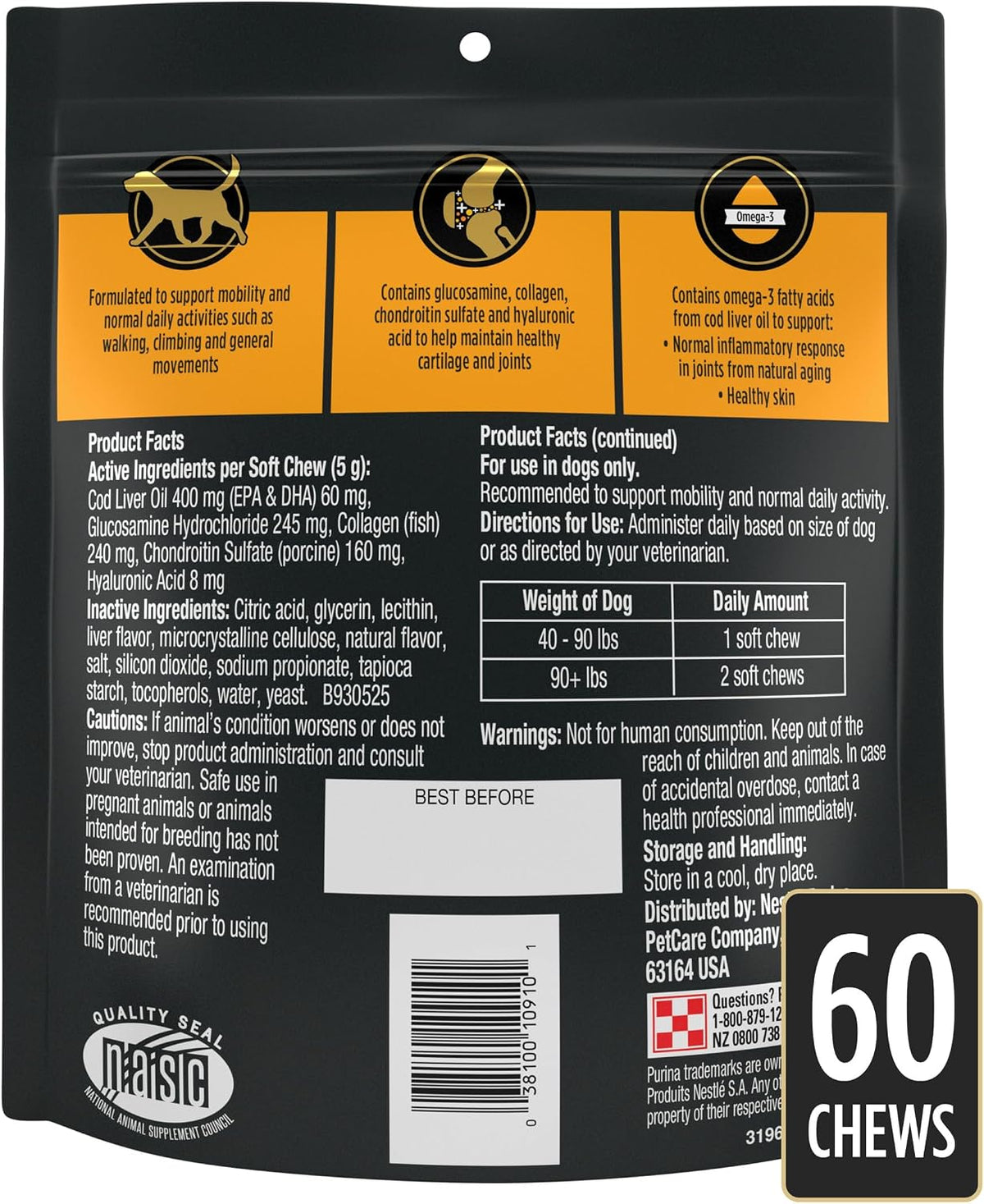 Purina Pro Plan Veterinary Small Breed Dog Joint Care Supplement with Glucosamine, Chondroitin, and Collagen to Support Hip and Joint Health – 60ct Pouch