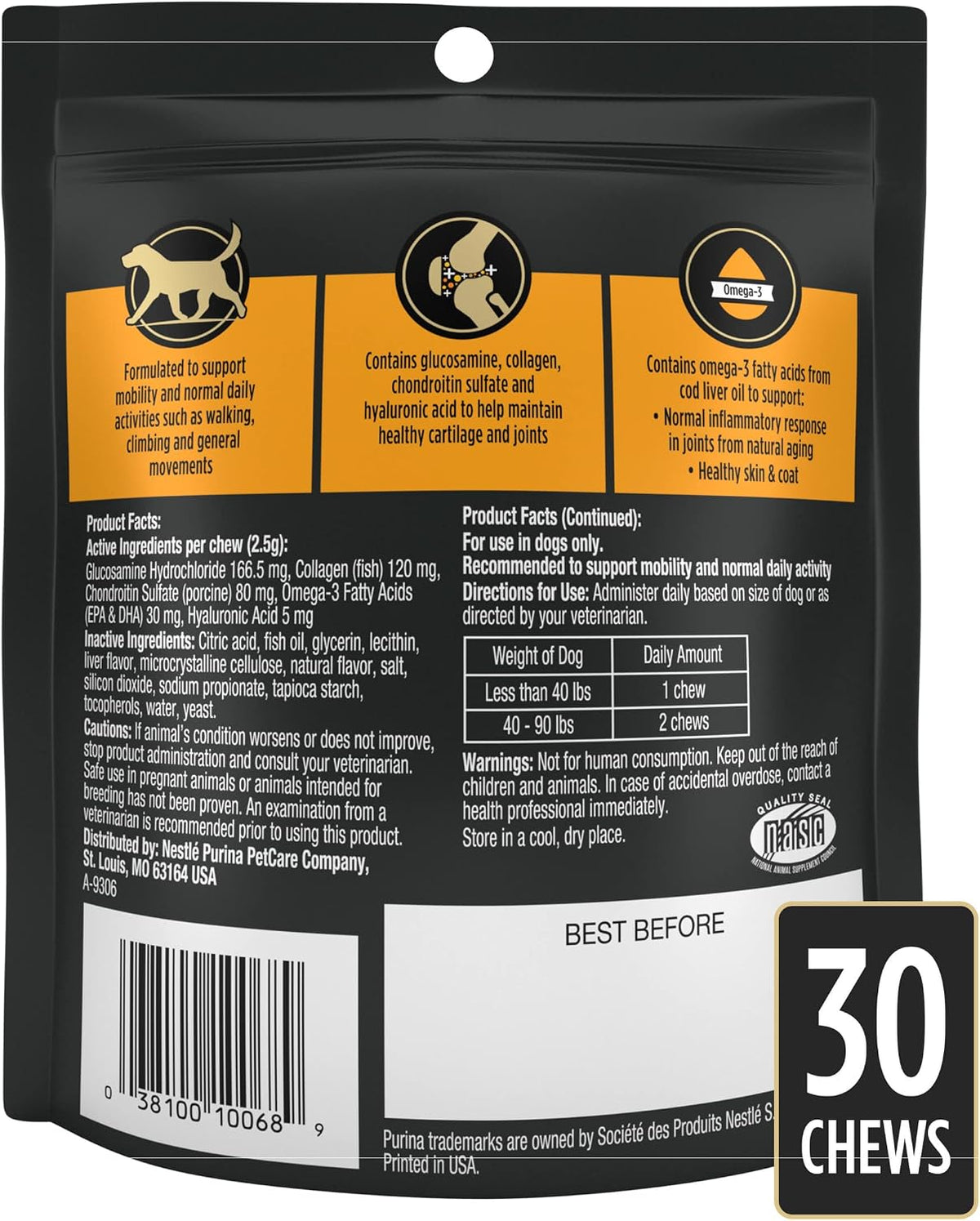Purina Pro Plan Veterinary Small Breed Dog Joint Care Supplement with Glucosamine, Chondroitin, and Collagen to Support Hip and Joint Health – 60ct Pouch