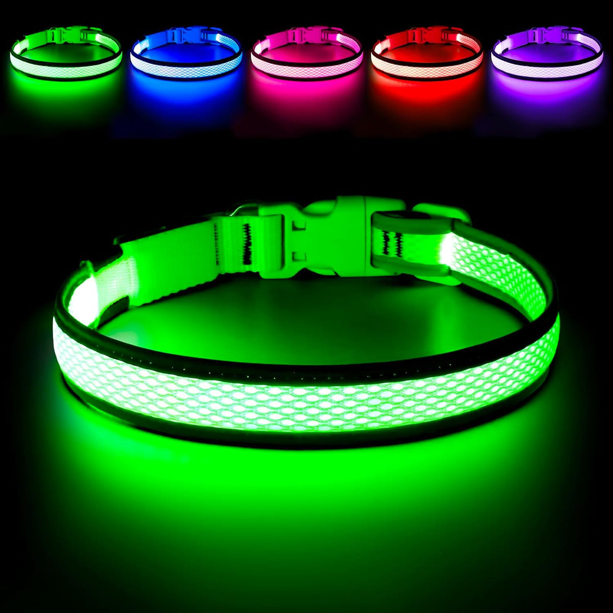 LED Dog Collar, Light Up Dog Collar USB Rechargeable, Green, L
