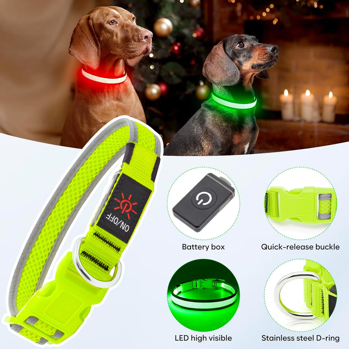 LED Dog Collar, Light Up Dog Collar USB Rechargeable, Green, L