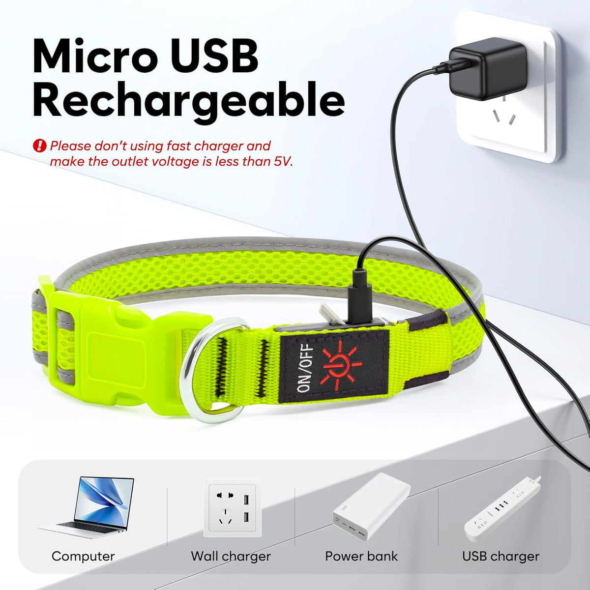 LED Dog Collar, Light Up Dog Collar USB Rechargeable, Green, L