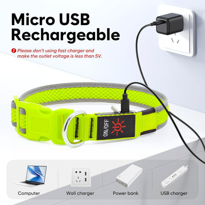 LED Dog Collar, Light Up Dog Collar USB Rechargeable, Green, L