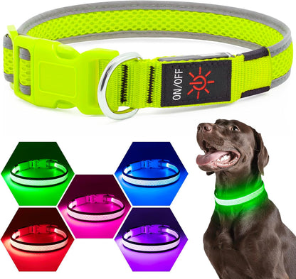 LED Dog Collar, Light Up Dog Collar USB Rechargeable, Green, L