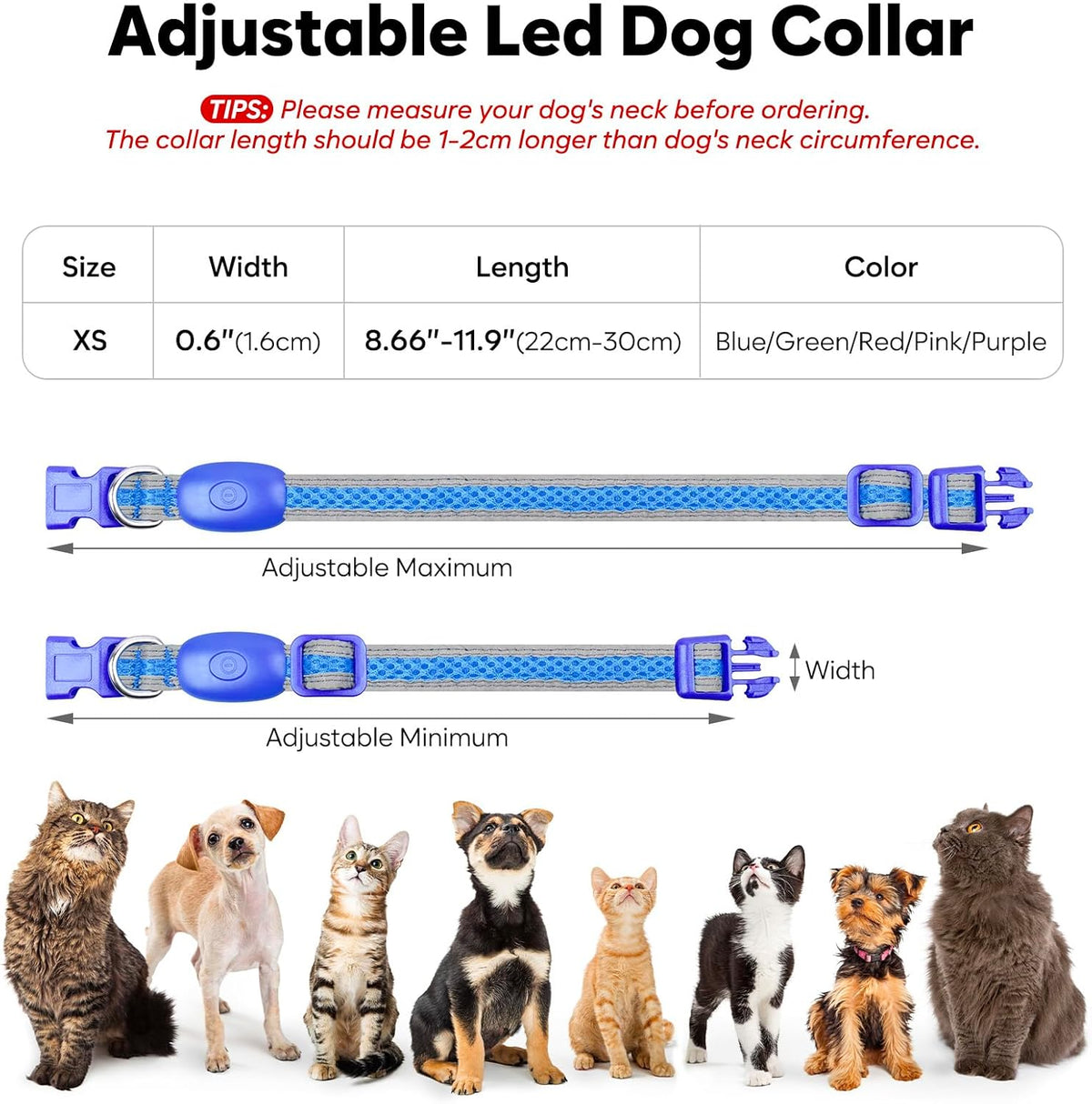 LED Dog Collar, Light Up Dog Collar USB Rechargeable, Green, L