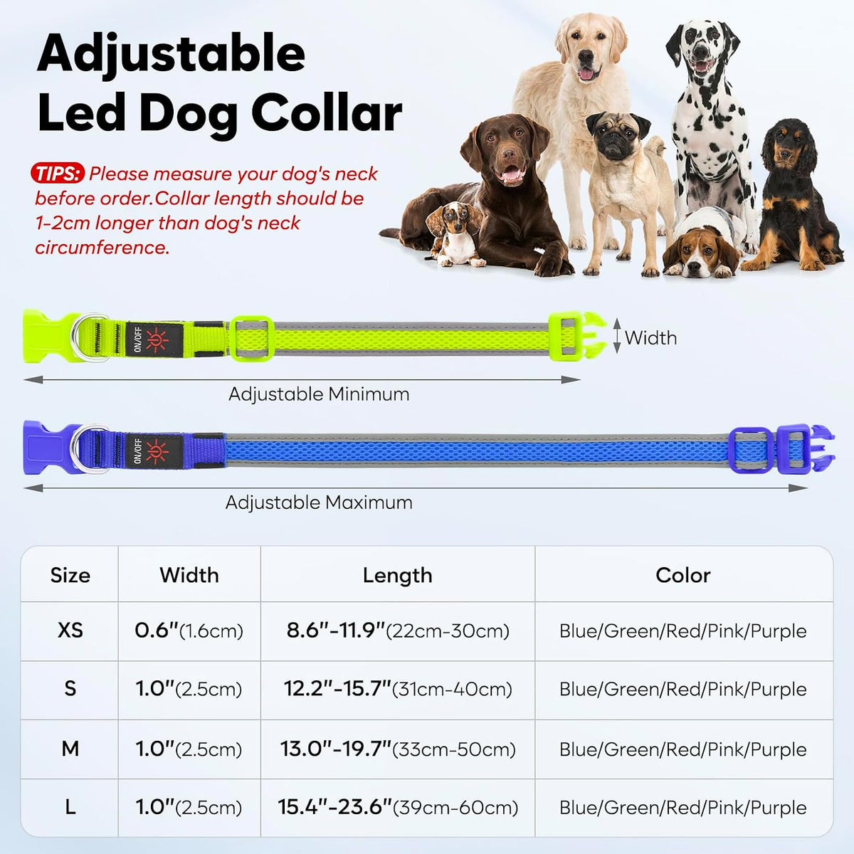 LED Dog Collar, Light Up Dog Collar USB Rechargeable, Green, L