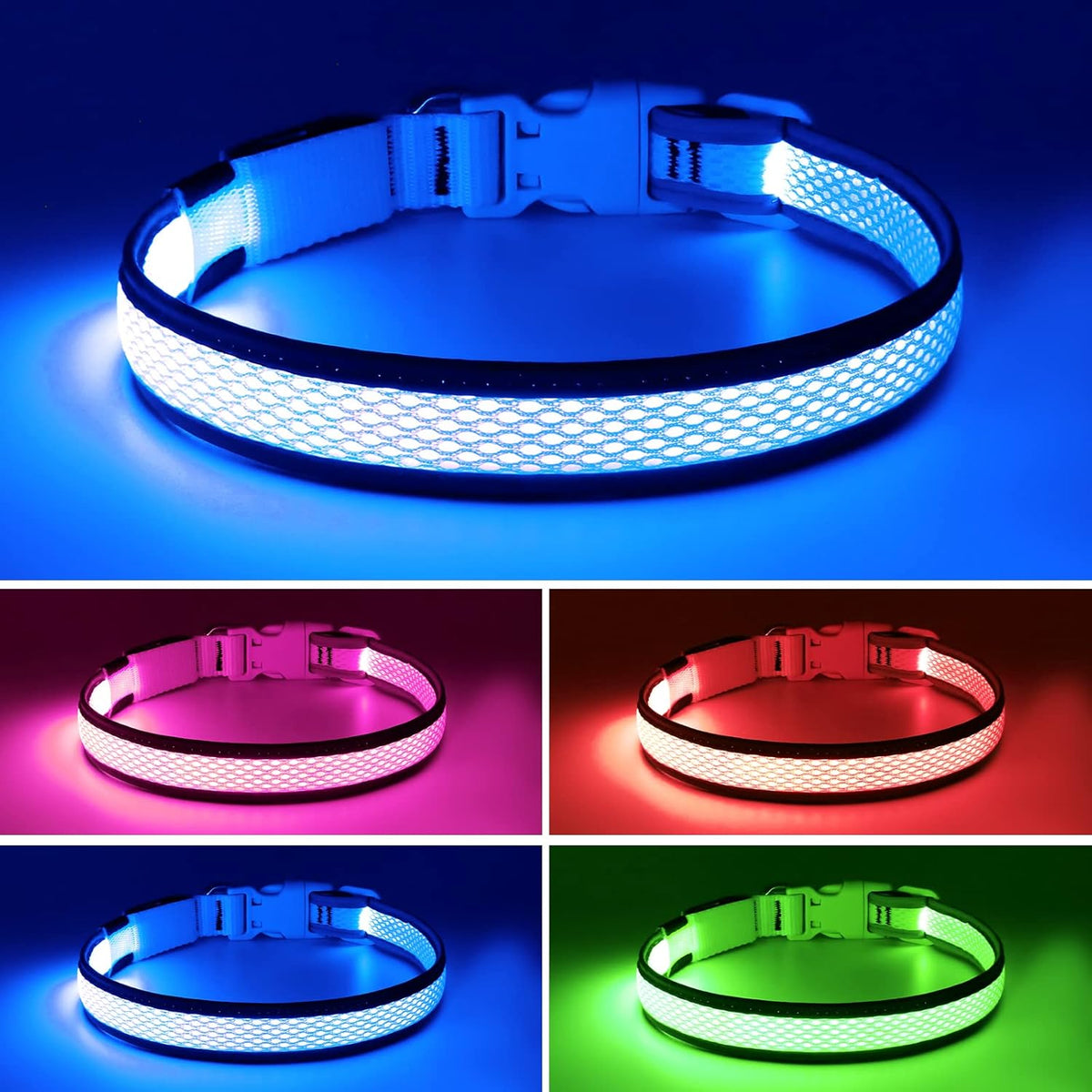LED Dog Collar, Light Up Dog Collar USB Rechargeable, Green, L