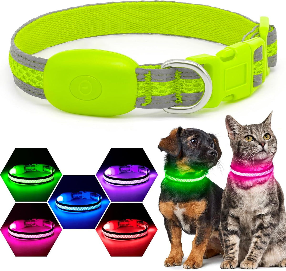 LED Dog Collar, Light Up Dog Collar USB Rechargeable, Green, L