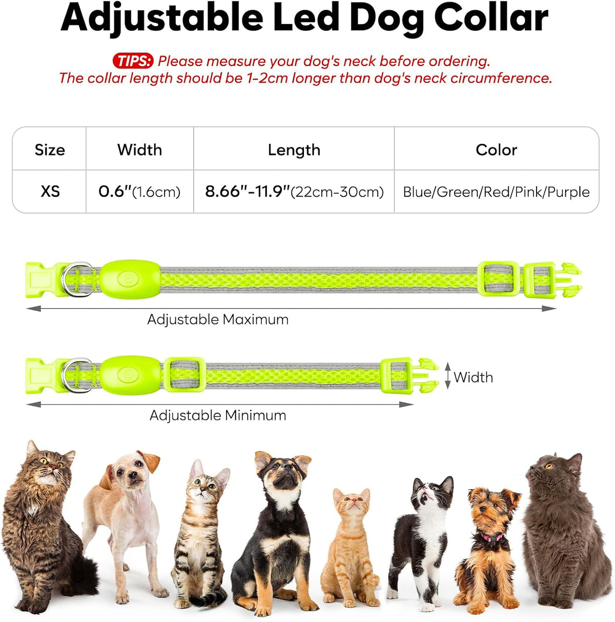 LED Dog Collar, Light Up Dog Collar USB Rechargeable, Green, L