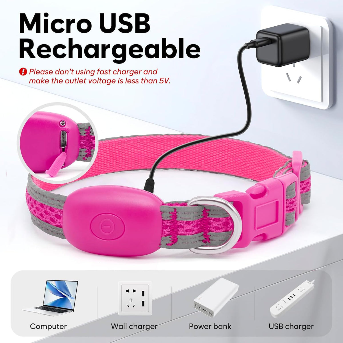 LED Dog Collar, Light Up Dog Collar USB Rechargeable, Green, L