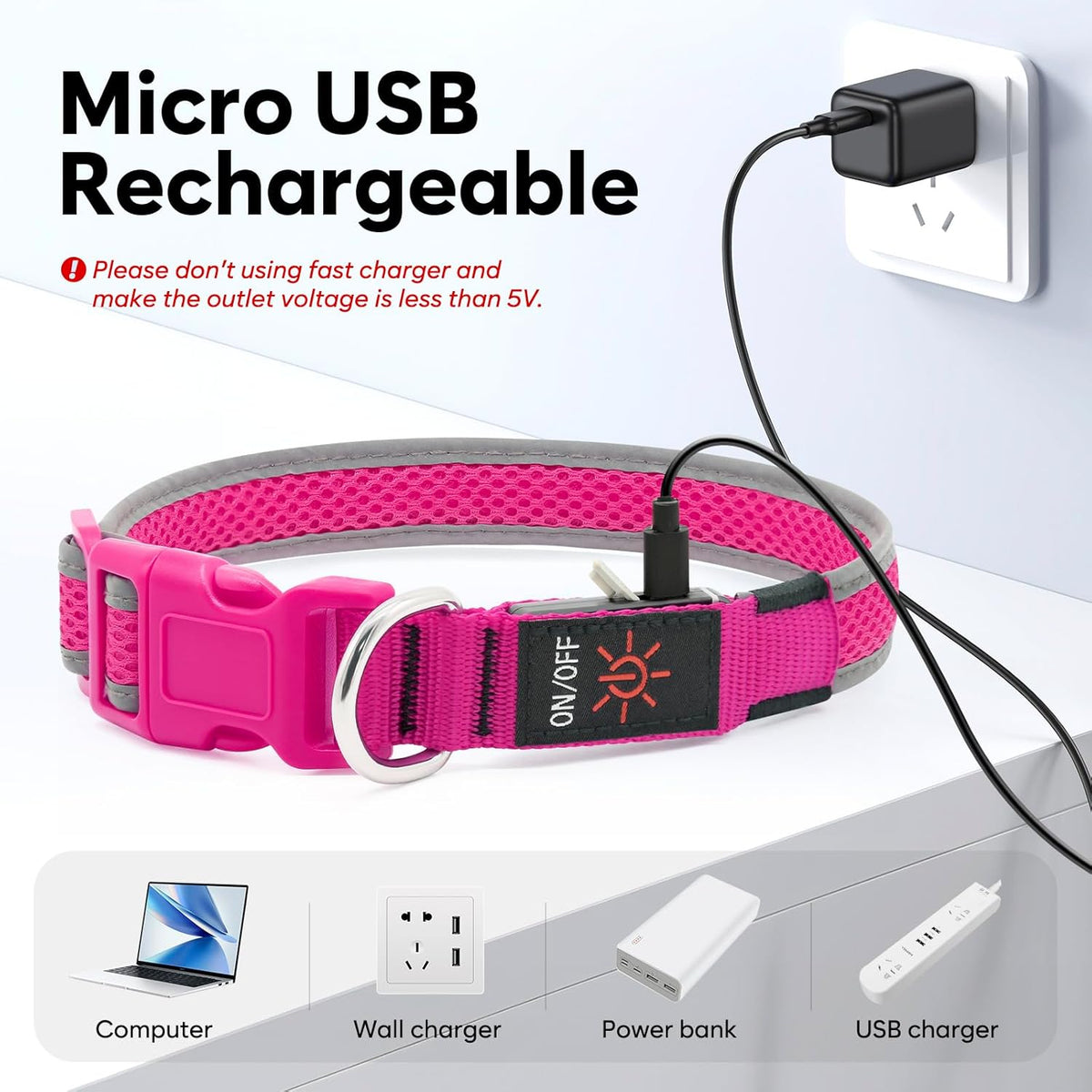 LED Dog Collar, Light Up Dog Collar USB Rechargeable, Green, L
