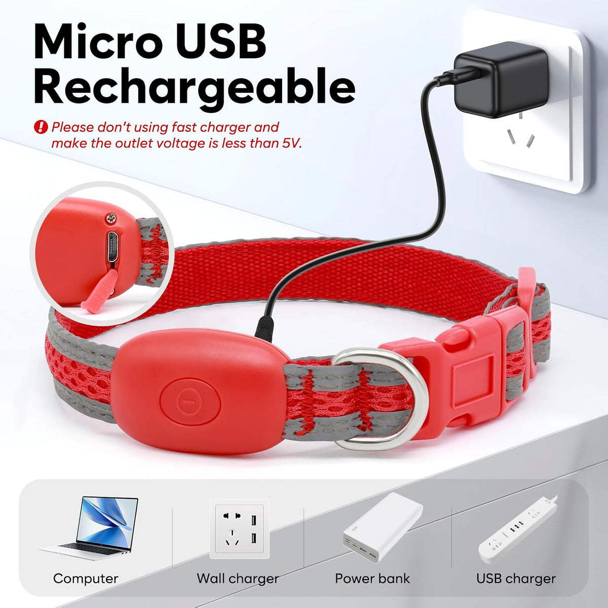 LED Dog Collar, Light Up Dog Collar USB Rechargeable, Green, L