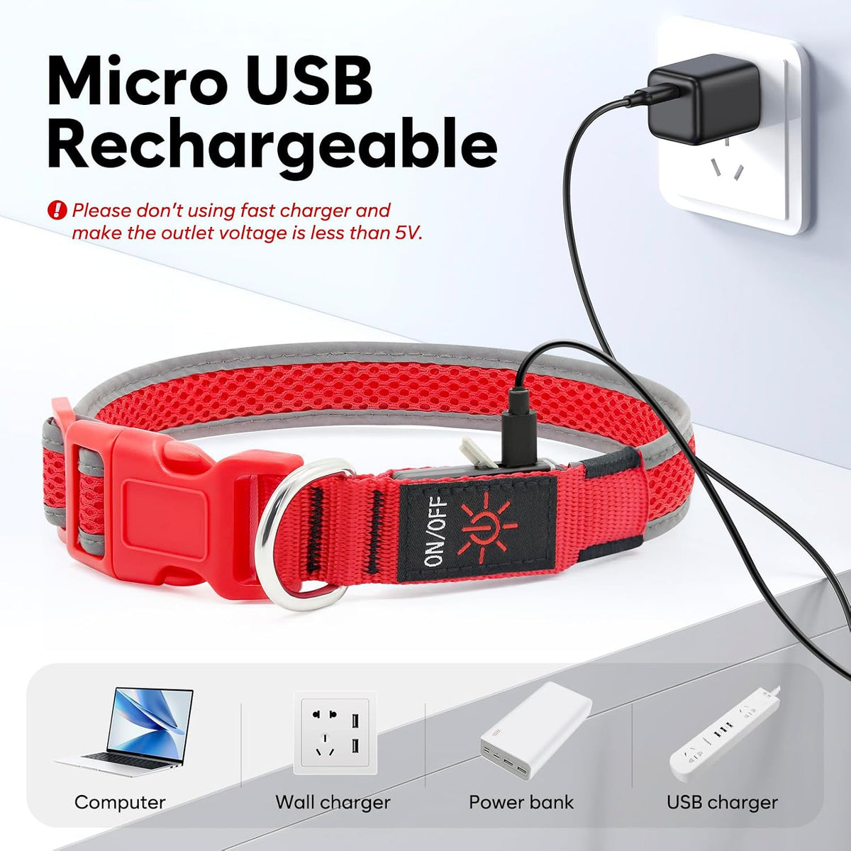 LED Dog Collar, Light Up Dog Collar USB Rechargeable, Green, L
