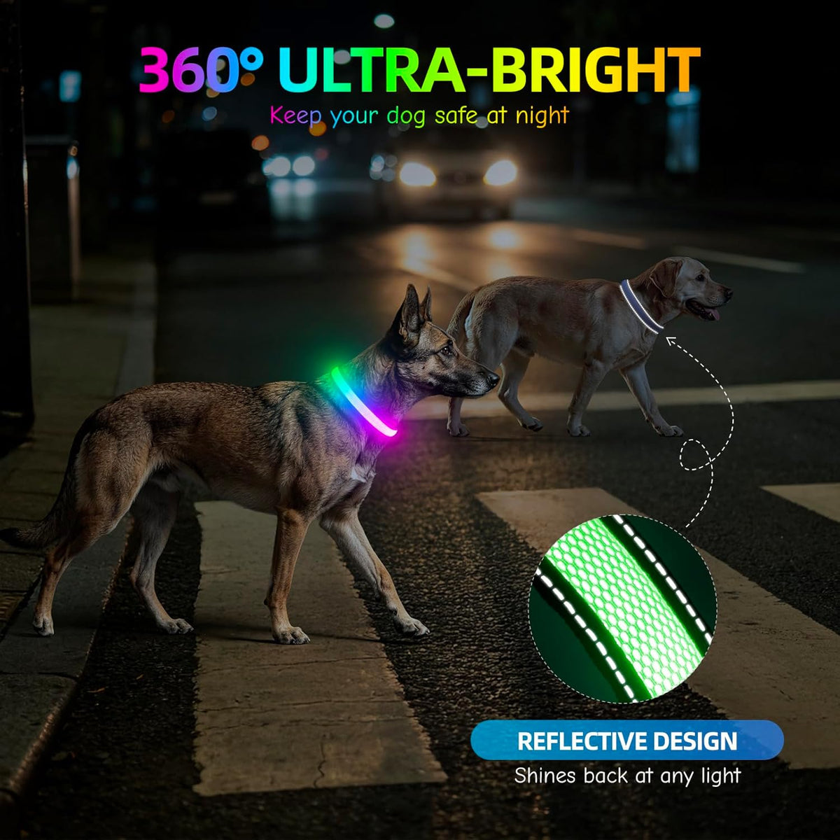 LED Dog Collar, Light Up Dog Collar USB Rechargeable, Green, L